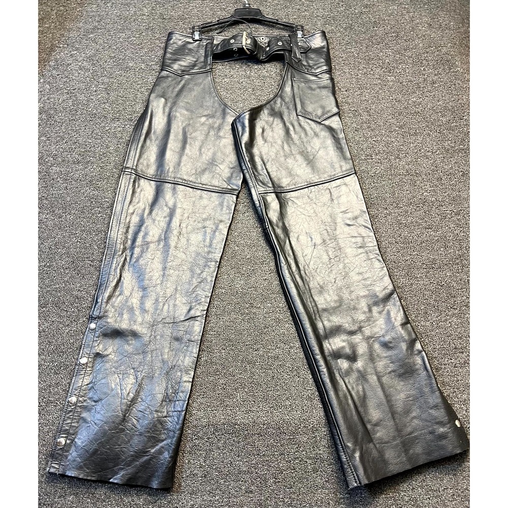 Interstate Leather Motorcycle Riding Chaps Mens XL Black Adjustable Waist Buckle